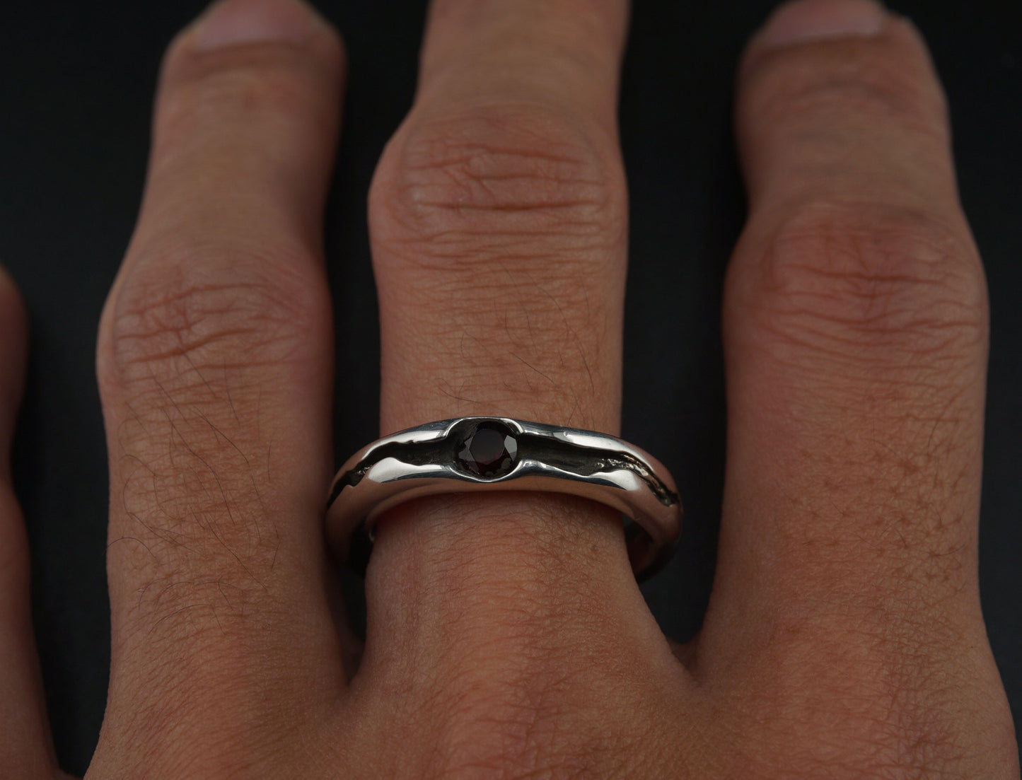 Garnet Gem Stone in Crevice Silver Ring