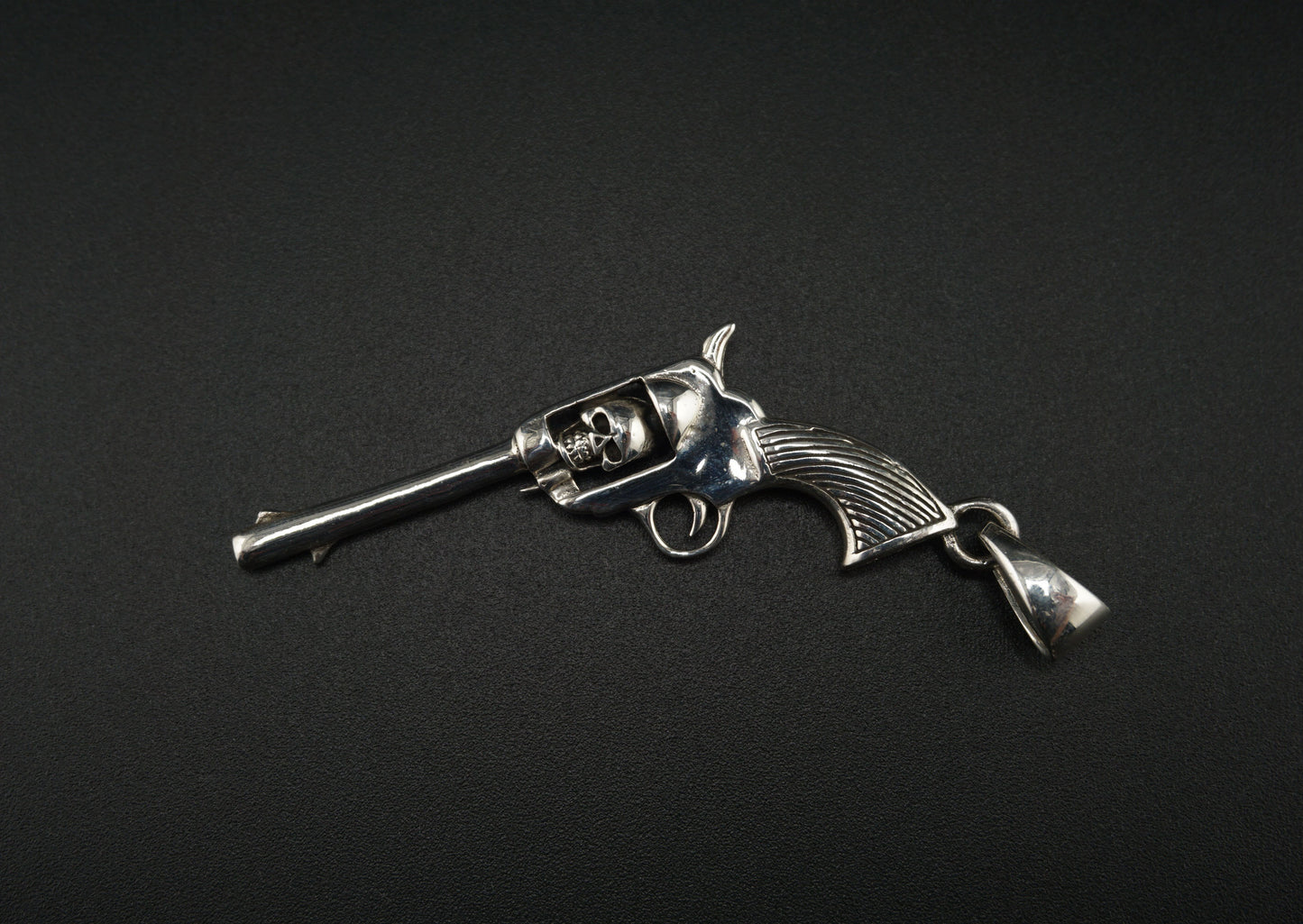 Silver Skull Revolver Pistol Necklace Pendant