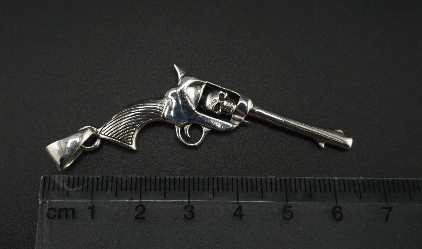 Silver Skull Revolver Pistol Necklace Pendant