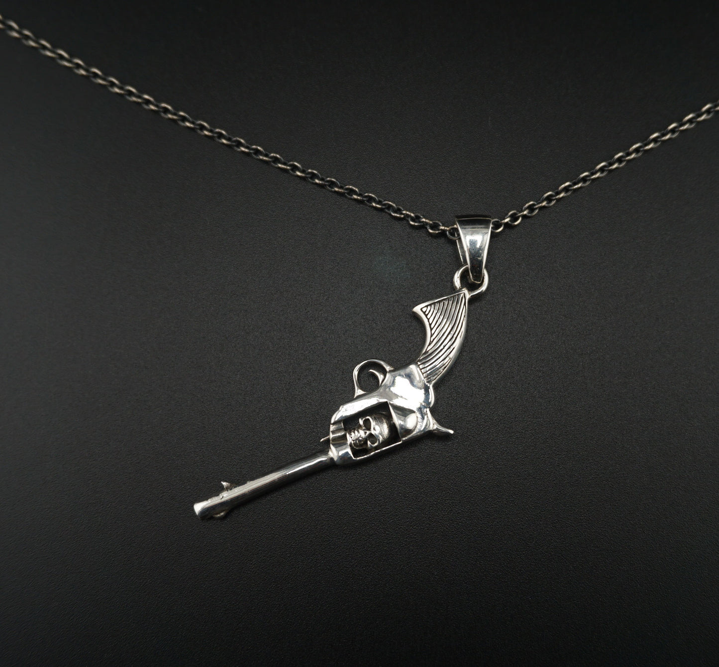 Silver Skull Revolver Pistol Necklace Pendant